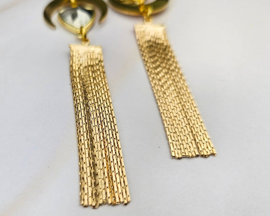 Gold Mismatched Pyrite Moon Tassel Earrings- Manifesting, Abundance, Wealth, Prosperity