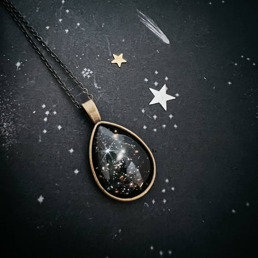 Antique Bronze Cosmic Ocean Teardrop Necklace