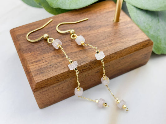 Dainty Rose Quartz Chain Earrings- Heart Healing, Attracting Love, Self Love, Heart Chakra