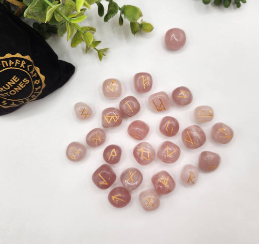 Rose Quartz Rune Set (Velvet Pouch + Grid Included)