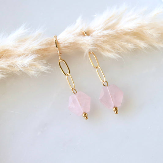 Rose Quart Drop Huggie Earrings- Heart Healing, Attracting Love, Self Love, Heart Chakra