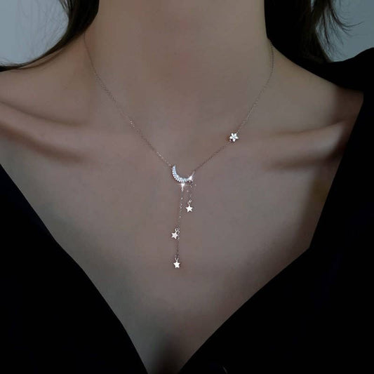 Moon Star Layered Tassel Necklace (Sterling Silver)