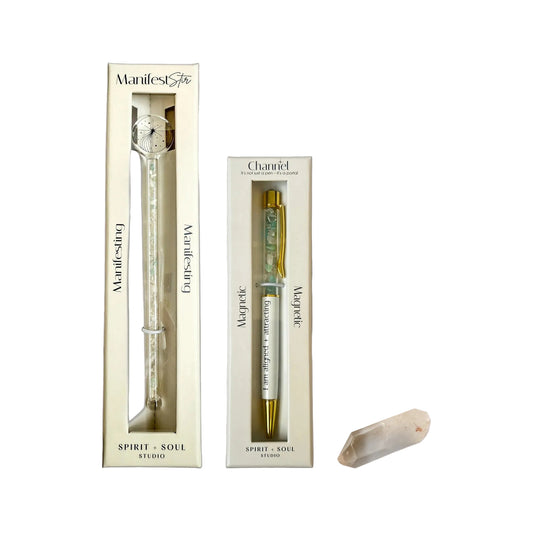 Morning Ritual: Manifesting gift set with the Manifesting Manifest Stir, the Magnetic Pen and a clear quartz point