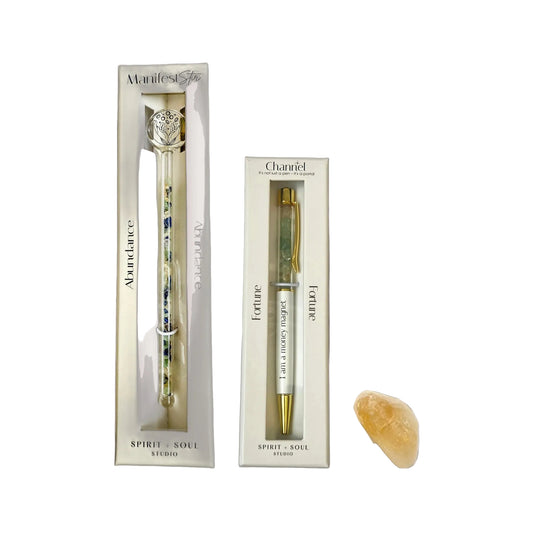 Morning Ritual: Wealth gift set with the Abundance Manifest Stir, the Fortune Pen and a citrine tumbled stone