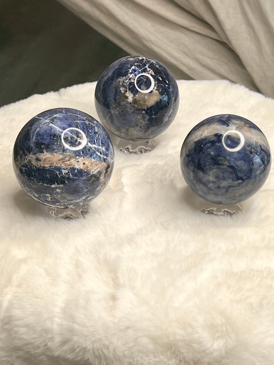 Sodalite Sphere w/ Stand- Emotional Balance, Anti-Anxiety, Intuition, Immune Boosting, Truth, Intelligence