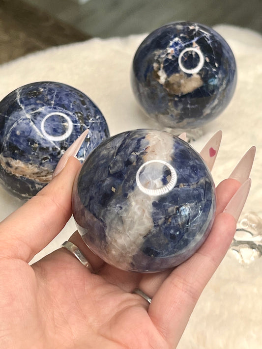 Sodalite Sphere w/ Stand- Emotional Balance, Anti-Anxiety, Intuition, Immune Boosting, Truth, Intelligence
