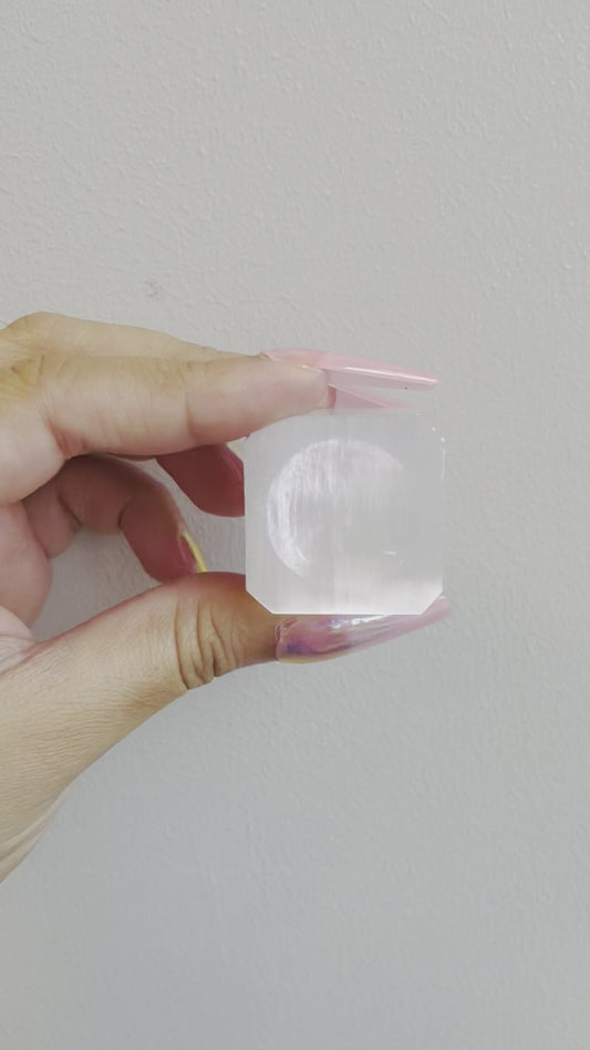 Selenite Square Sphere Stand- Cleansing, Clearing, Charging, Peace